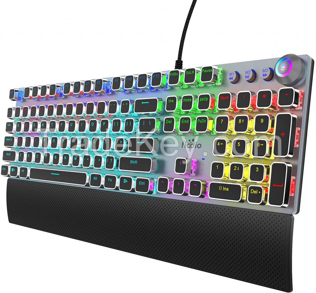 Fiodio Mechanical Gaming Keyboard, LED Rainbow Gaming Backlit, 104 Anti-ghosting Keys, Quick-Response Black Switches, Multimedia Control for PC and Desktop Computer