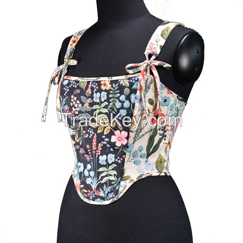 Gothic Sexy Corset Camis Women Vintage Lace Harajuku Print Streetwear Summer Black Crop Top Sleeveless Bandage Tops