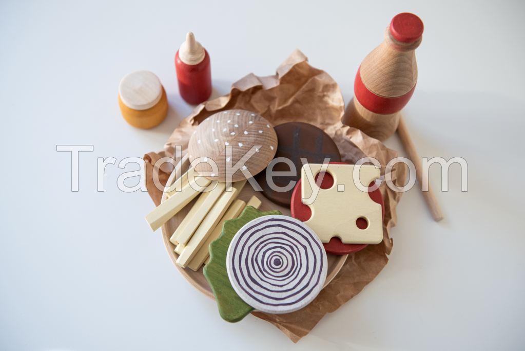 Wooden set of Hamburger, French Fries and Coke
