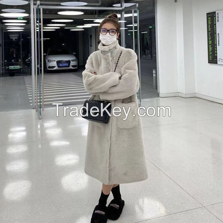 Medium length knee length stand collar fur coat