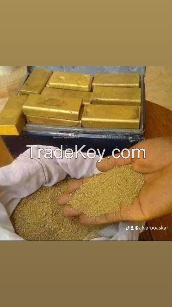 Gold bar, gold dust, gold nuggets, raw gold