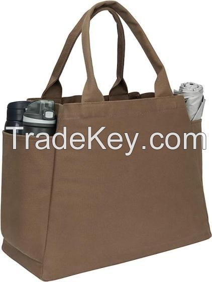 Heavy Duty Canvas Tote Bag with Bottle Holder Sturdy Shoulder Tote Bag Handbag for Hiking Beach Gym