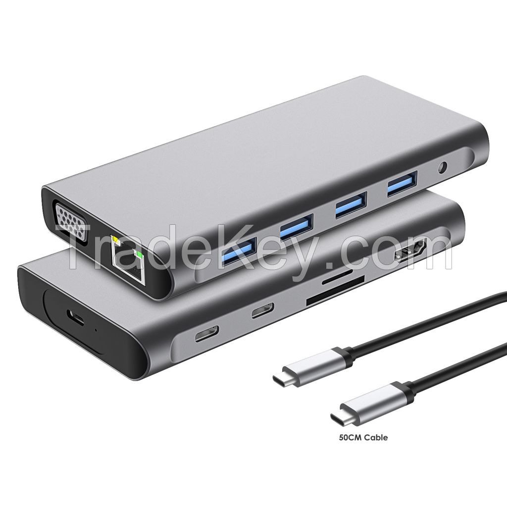 13-in-1 Multiport Laptop USB Type C Hub Docking Station with 4K HDMI 60Hz VGA 1080P RJ45 1Gigabit USB-C USB-A 3.0 Audio jack