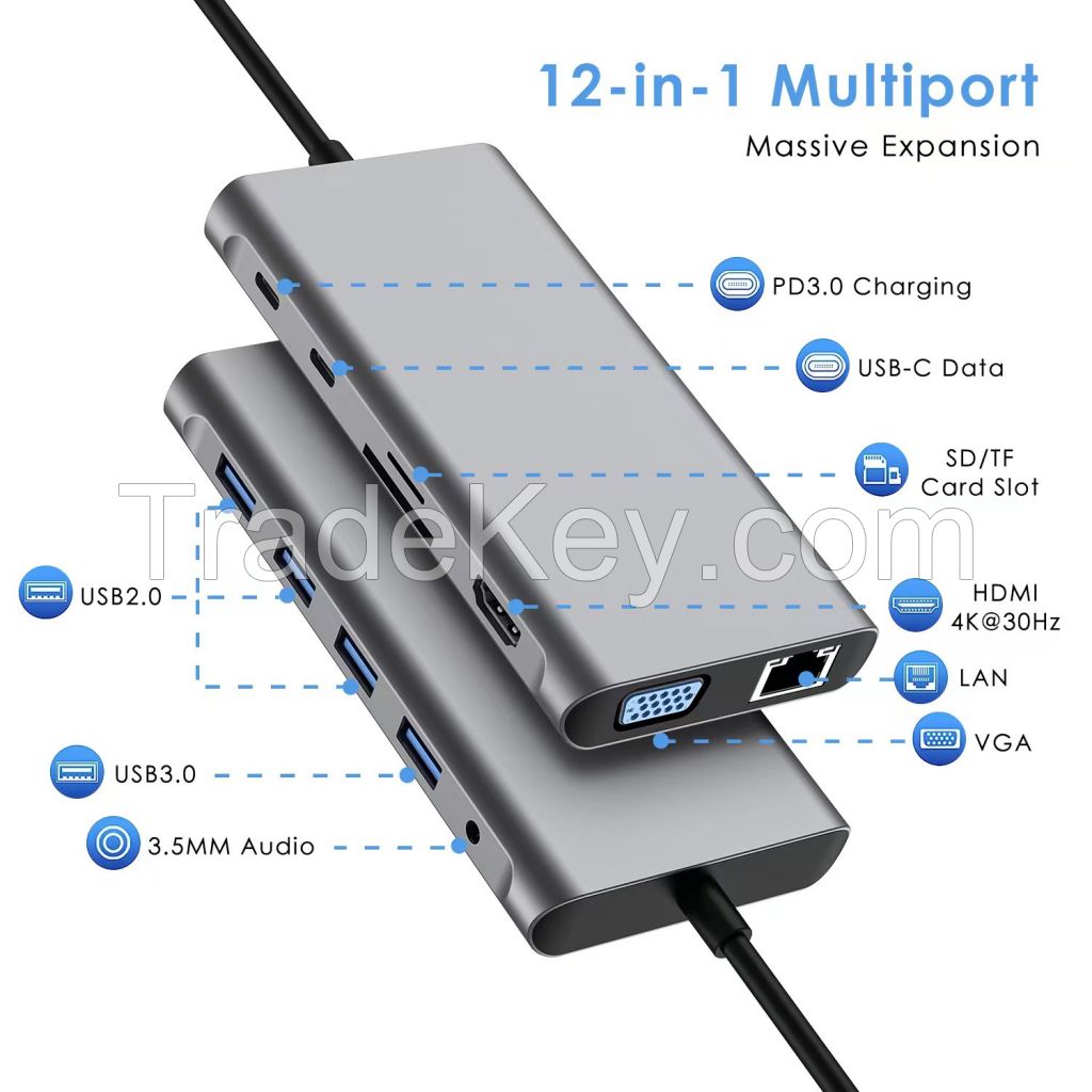 12-in-1 Laptop Tablet Smartphone USB Type C Hub Docking Station for Display Screencast on Projector and TV with 1080P VGA and HDMI 4K, Audio jack, RJ45 Ethernet Adapter USB 3.0 2.0 Data Trasnfer USB Type C Power Delivery
