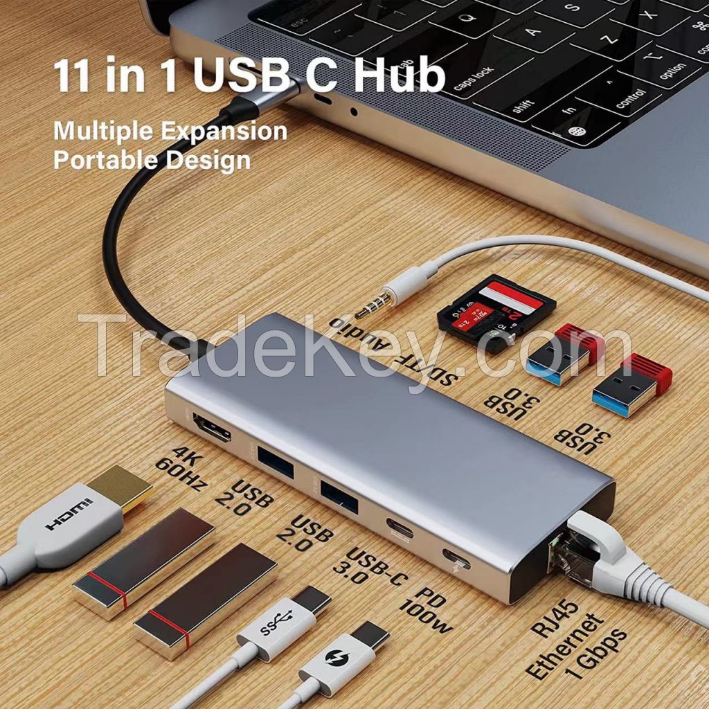 11-in-1 USB-C Dock with Audio jack with Mic, Headphone Output and Microphone Input, PD (Power Delivery), Gigabit Ethernet, HDMI 4K 60Hz for Desktop, iPad, Macbook