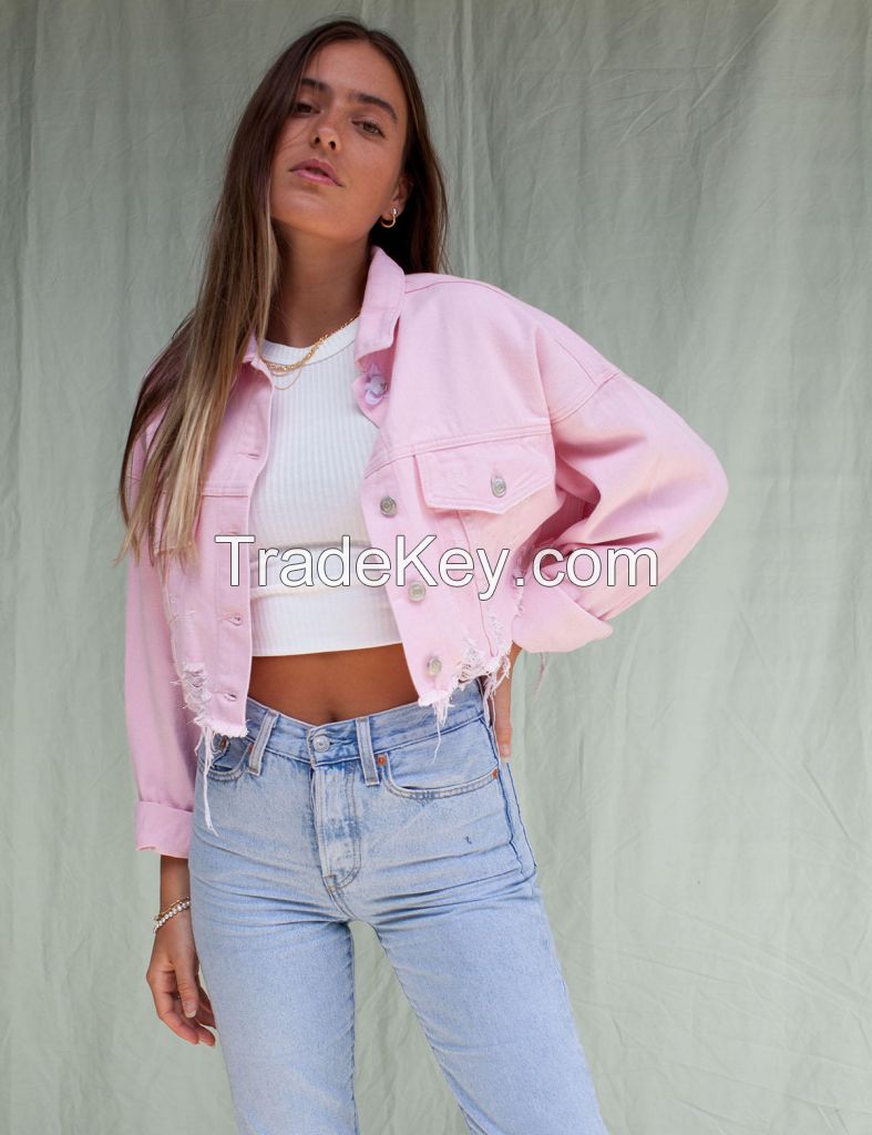 ladies fashion denim jacket short jacket losse fit jeans ripped jeans pink color