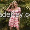 ladies fashion Off shoulder dress backless printed short skirt bubble sleeves short skirt