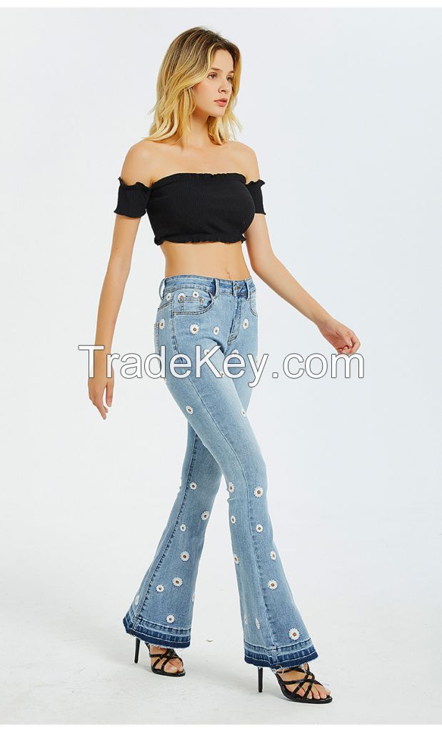 ladies jeans denim wide leg Pants Daisy embroidered jeans flared wide leg pants