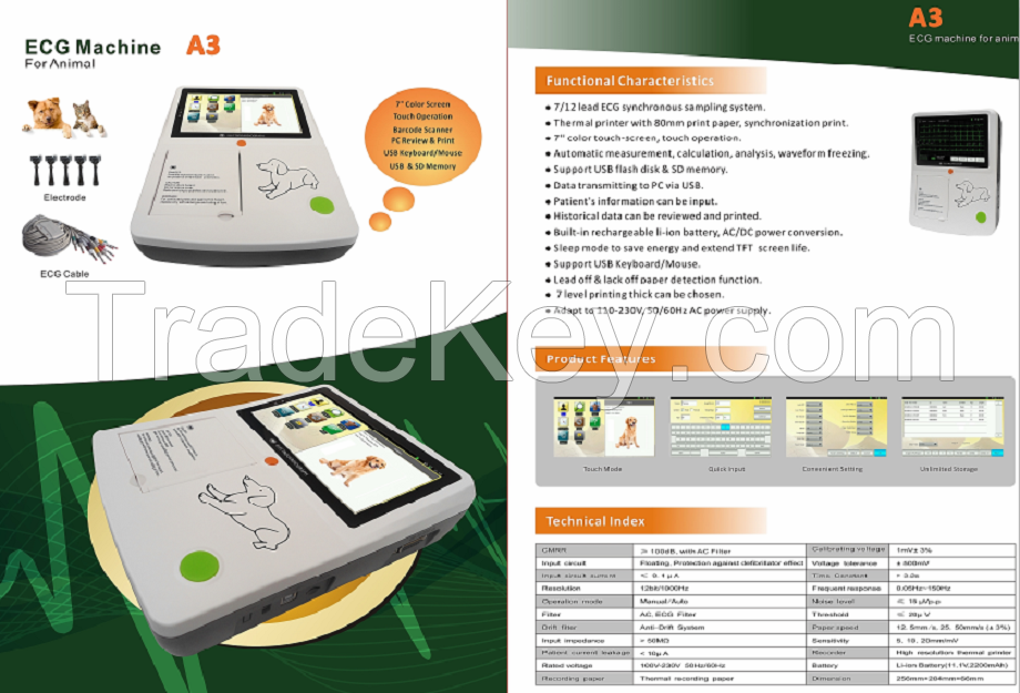 Vet Portable Ecg Ekg 3channel Electrocardiograph Veterinary Touch Screen Ecg Ekg Machine Ecg Machine