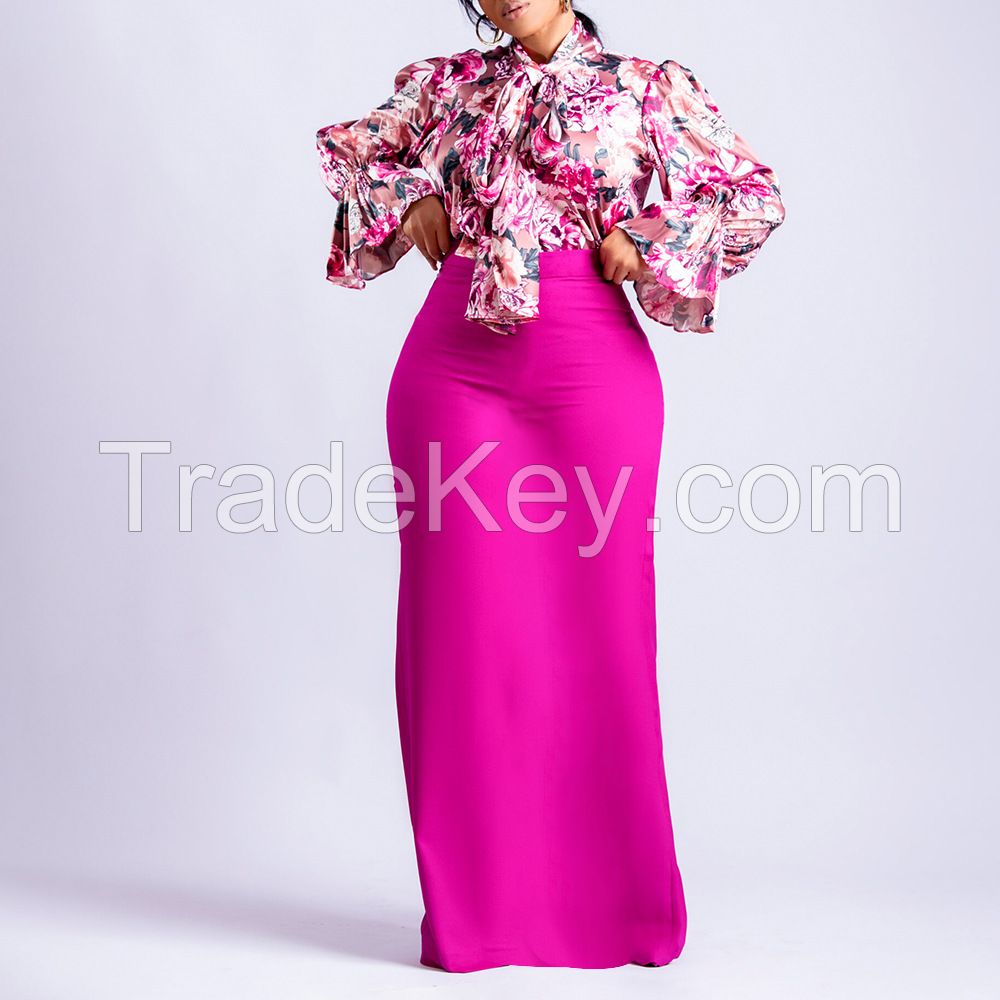 New fashion printing long sleeve shirt skirt two-piece sets long dresses for women