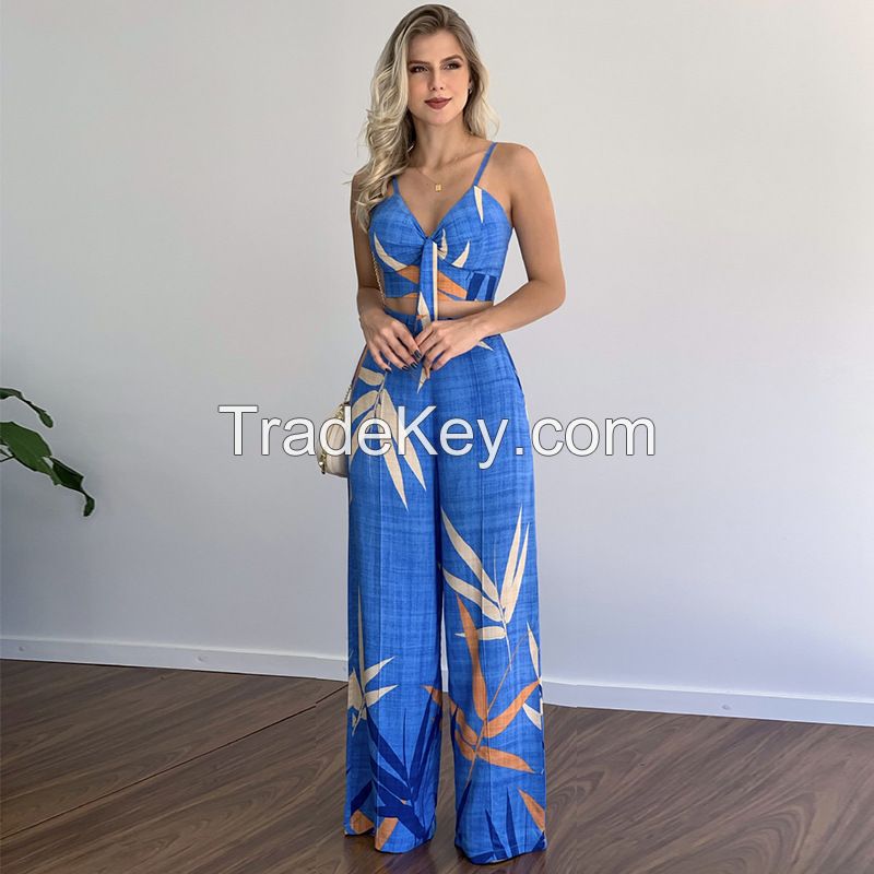 Summer new V-neck short tank top high waist printed wide leg pants two pieces