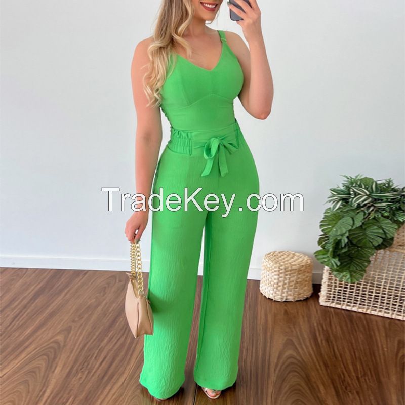 New v-neck short vest tie rope high waist stick bag straight pants casual suit