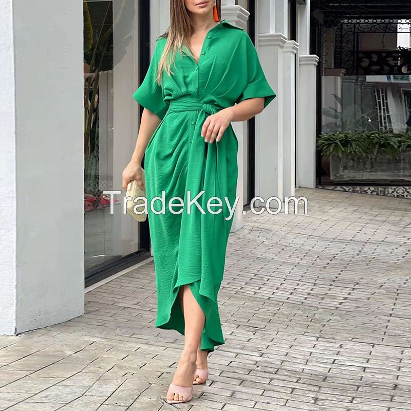 Women's fashion new 2023 lapel medium long short sleeve single-breasted high waist shirt dress