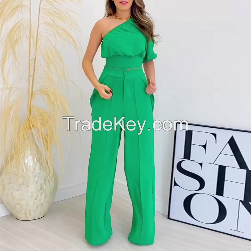 new diagonal collar one side sleeve short shirt high waist with pocket wide leg pants casual suit