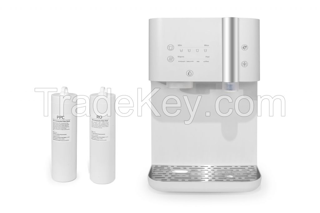 Desktop, compressor refrigeration. Cold and hot water and RO filtration system