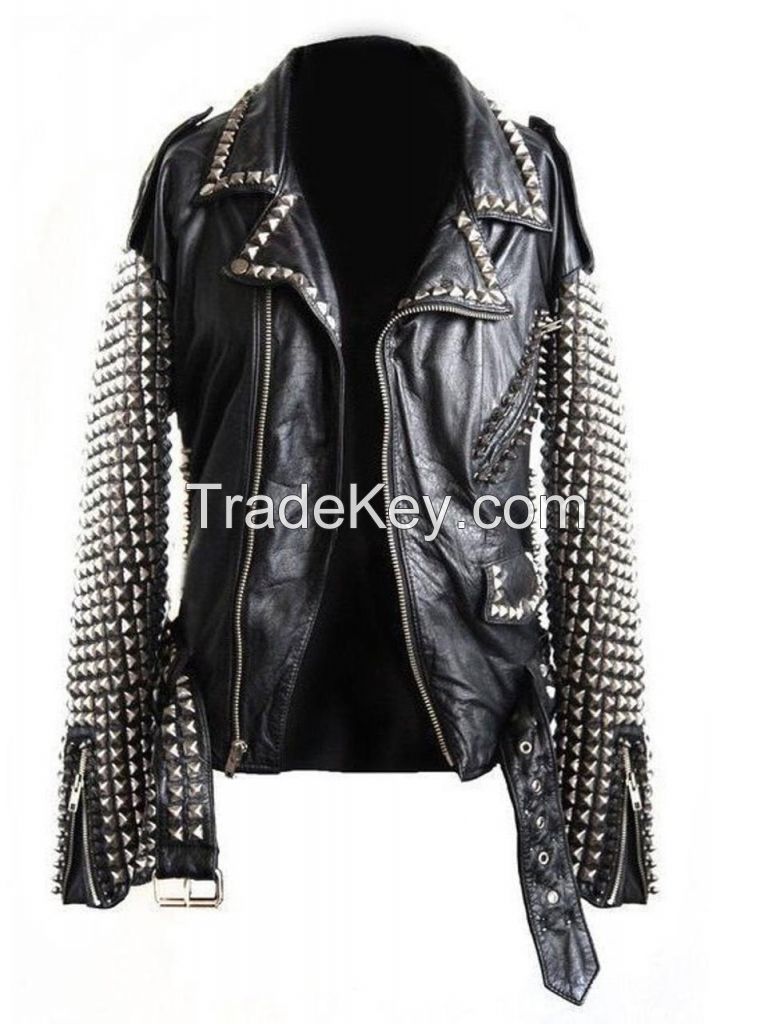 Hand Made Men's Biker Silver Studded Elegant Leather Jacket Biker