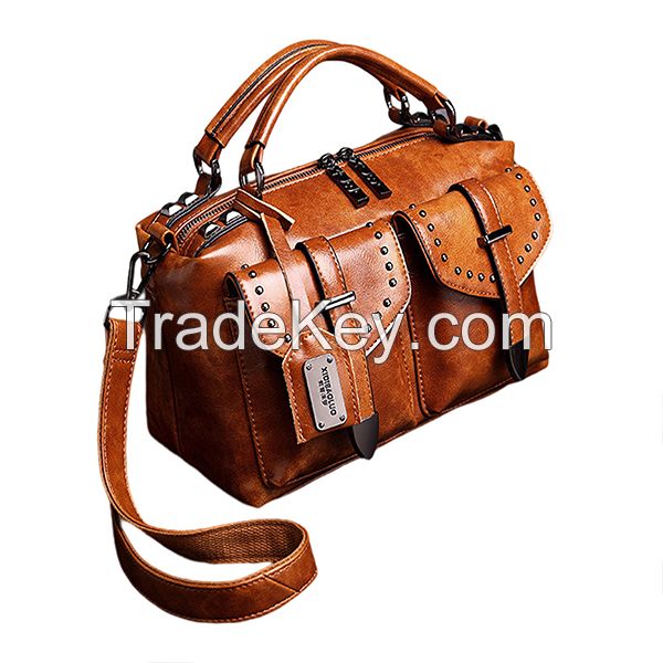 Stylish Vintage Leather Satchel Shoulder Bag High Quality Fashion Handbag Large Capacity Sling Purse Long Strap Crossbody Bag New Designer Big Tote Rivets Messenger Bag Office Work Briefcase-#201