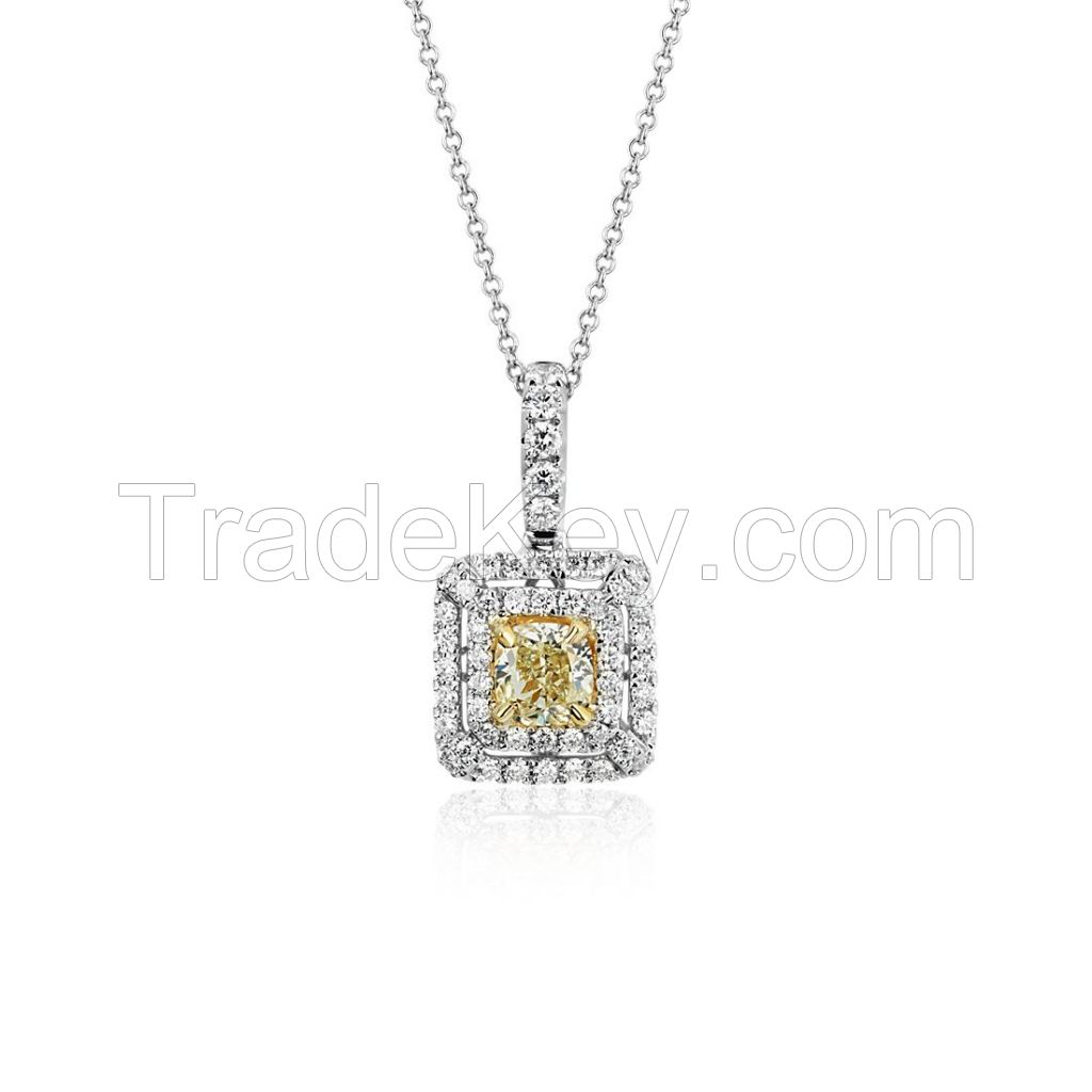 Yellow Diamond Cushion Pendant in 18k White and Yellow Gold