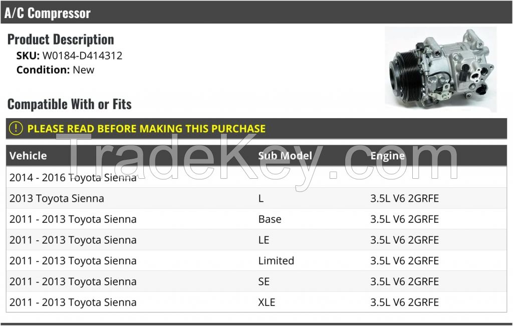 A/C Compressor - Compatible with 2011-2016 Toyota Sienna 3.5L V6 2GRFE