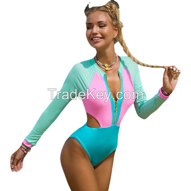 One Piece Surfing Swimsuit for Women Swimming Suit Patchwork Long Sleeves Swimwear Cut-Out Bathing Suit Bikini