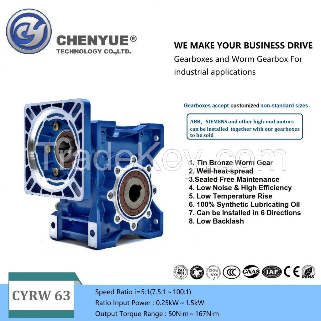CHENYUE High Torque Worm Gearbox NMRW63 CYRW63  Input14/19/22/24mm Output25mm Speed Ratio from 5:1 to 100:1 Suppliers Free Maintenance