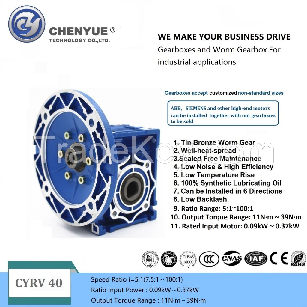 CHENYUE Worm Gearbox Reducer NMRV 040 CY Series Input 9/11/14mm Output 18mm Speed Ratio from 5:1 to 100:1 Free Maintenance