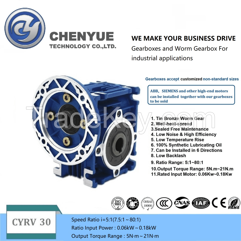 CHENYUE High Torque Worm Gear Reducer NMRV 30 CYRV30 Gearbox Input 9/11mm Output 14mm Speed Ratio from 5:1 to 80:1 Free Maintenance