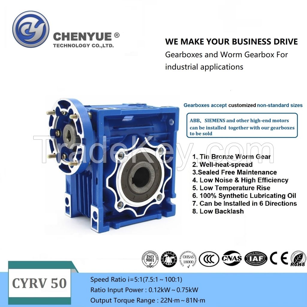 CHENYUE Worm Gearbox NMRV050 Input 11/14/19mm Output 25mm Speed Ratio from 5:1 to 100:1 Free Maintenance for industrial Applications