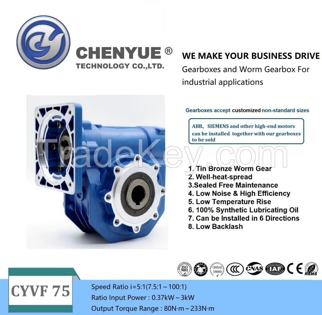 CHENYUE High Torque Worm Gearbox NMVF 75 CYVF 75 Input 14/19/22/24/28mm Output 28mm Speed Ratio frpm 5:1 to 100:1 Tin bronze for CNC Free Maintenance