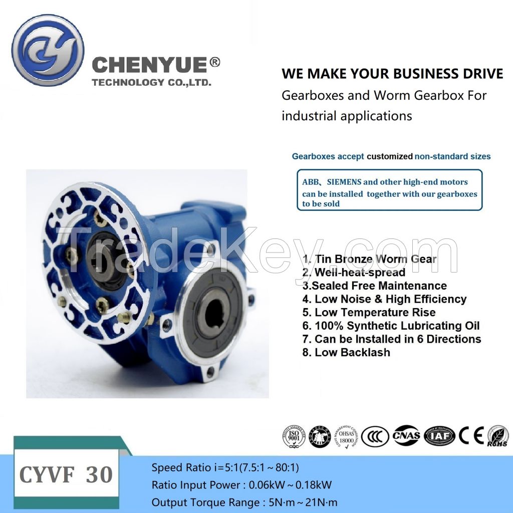 CHENYUE High Torque Worm Gearbox NMVF 30 CYVF30 Input 9/11mm Output 14mm Speed Ratio from 5:1 to 80:1 Tin Bronze Used Small Motor Free Maintenance