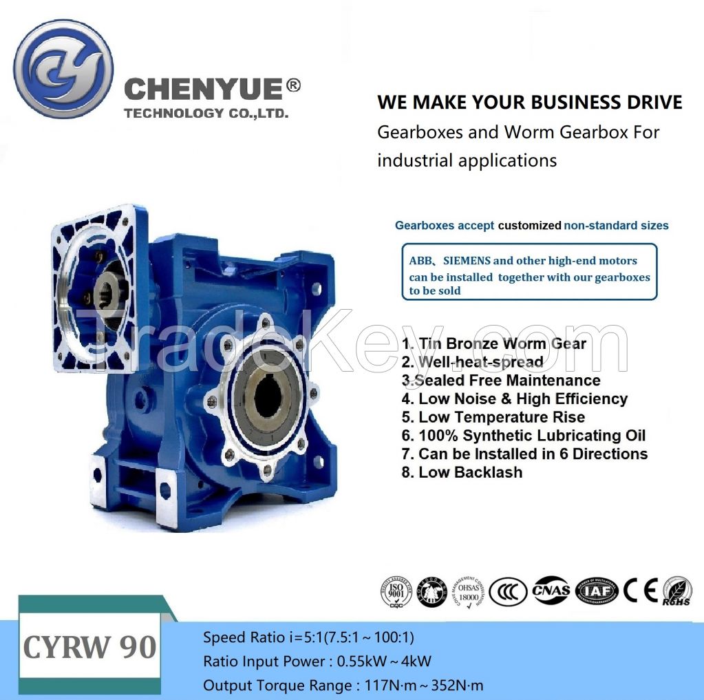 Chenyue Worm Gearbox Reducer NMRW90 CYRW90 Sliver Suppliers Input19/22/24/28mm Output 35mm Speed Ratio from 5:1 to 100:1 Free Maintenance