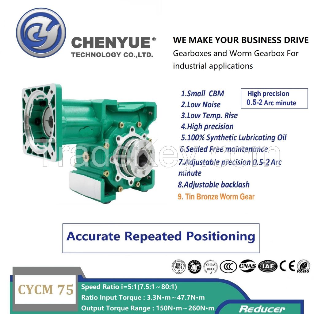 CHENYUE Adjustable Backlash 0.5-2 Arcminute Worm Gearbox CYCM75 Input 19/20/22/24/28mm Output 35mm Speed Ratio from 5:1 to 80:1Free Maintenance