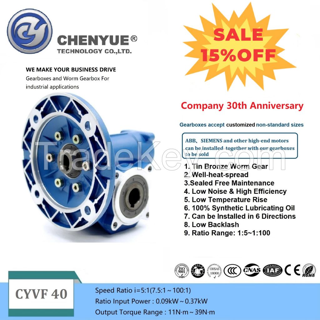 CHENYUE High Torque CNC Worm Gearbox NMVF40 CYVF40 Input 11/14mm Output 18mm Speed Ratio from 5:1 to 100:1 Tin Bronze Free Maintenance