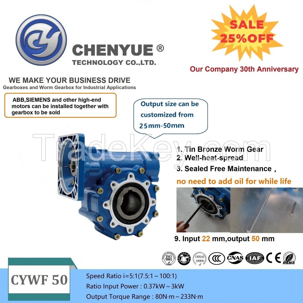 CHENYUE Big Input Hole Worm Gearbox CYWF50 Input 22 Output 50mm Speed Ratio from 5:1/100:1 Speed 80-233N.m Engine 3Kw Free Maintenance