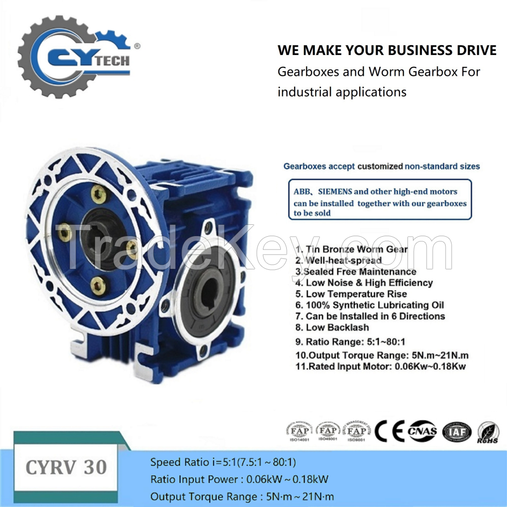 CHENYUE High Torque Worm Gear Reducer NMRV30 CYRV30 Gearbox Input 9/11mm Output 14mm Speed Ratio from 5:1 to 80:1 Free Maintenance