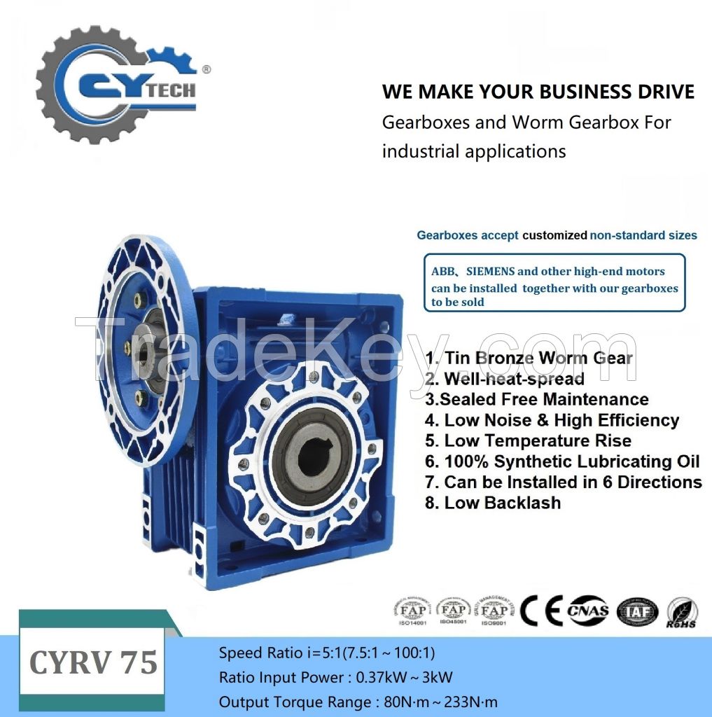 CHENYUE Worm Gearbox NMRV75 CYRV75 Input 14/19/22/24/28mm Output 28mm Speed Ratio from 5:1 to 100:1 Speed Reduction Free Maintenance