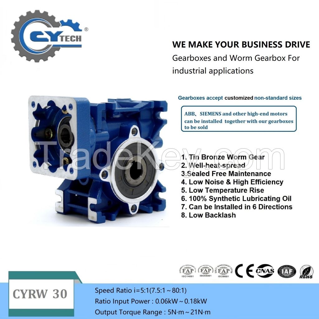 CHENYUE High Torque Worm Gearbox NMRW30 CYRW30 Input 9/11mm Output 14mm Speed Ratio from 5:1 to 80:1 Tin Bronze Worm Gear Free Maintenance