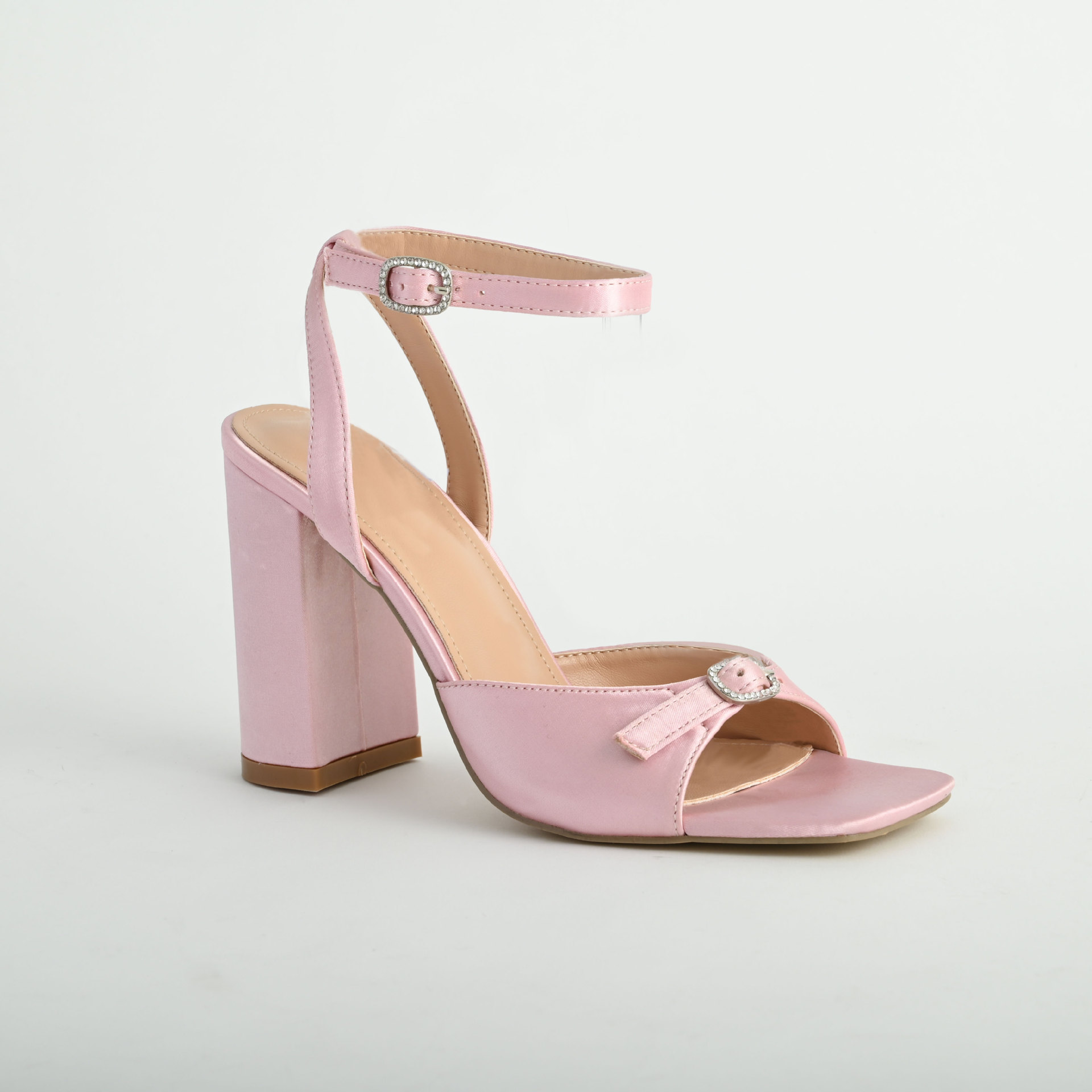 Womens Pink Satin Block Heel Sandals