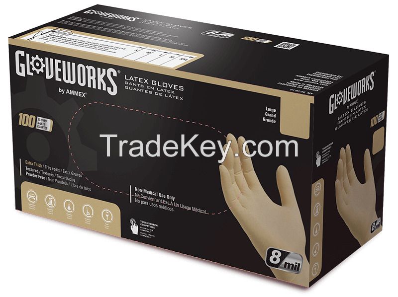 GLOVEWORKS Heavy Duty Ivory Latex Industrial Disposable Gloves 8 Mil, Box of 100