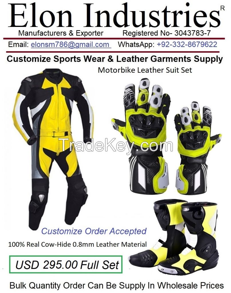 Men's Motorbike Leather Suit, Motorbike Leather Gloves, Motorbike Leather Shoes