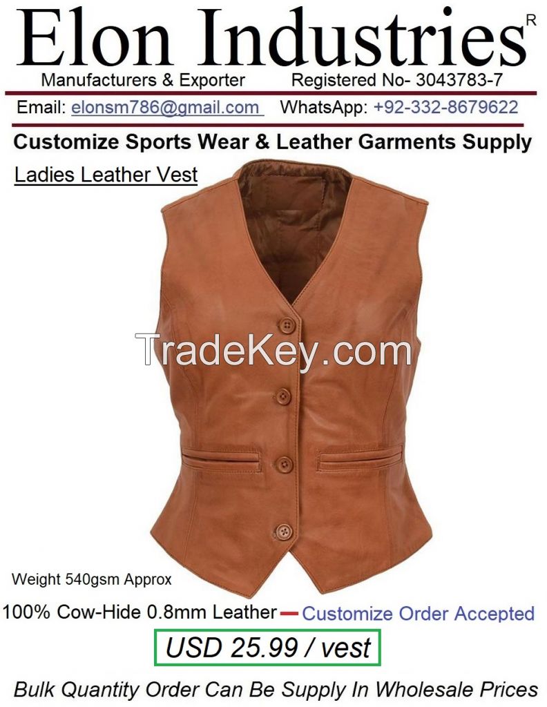 Ladies Leather Vest 100% Real Cow-hide 0.8mm Leather Material