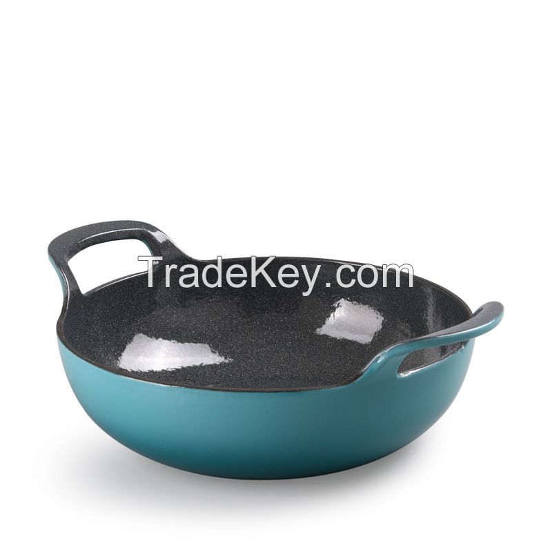 Hot Selling Chinese Large Round Wok Cookware 26cm blue Enameled Cast Iron Food Warmer Casseroles Non stick stewpot with lid