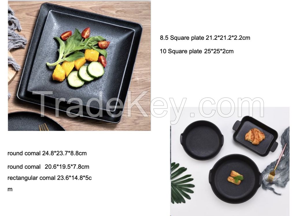 black frosted glazed plate, Ceramic tableware steak plate Light luxury black flat plate Restaurant pasta plate, black glazed plate