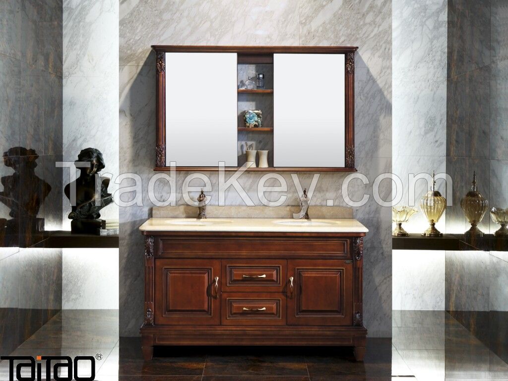 European Style Double Bowl Hand-carved Antique Bathroom Cabinet with Onyx Vanity