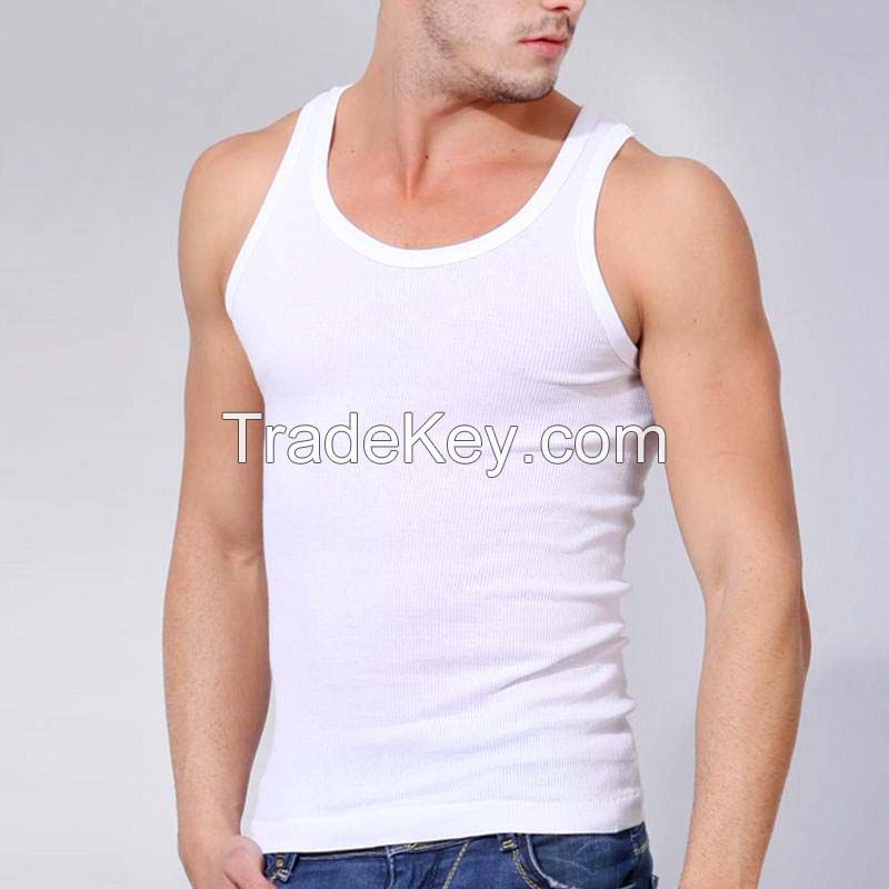 Mens round neck white rib tank top