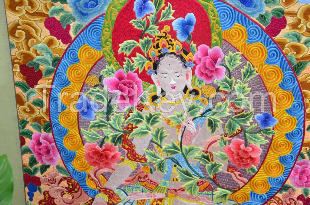 Thangka Tibet Buddha White Tara- 100% hand silk embroidery