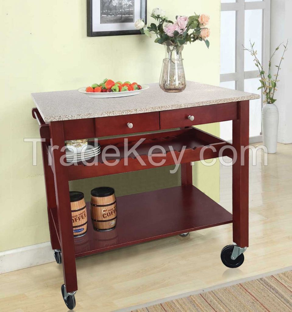Kitchen Furniture Pine Wood Kitchen Cart Granite Top Kitchen Trolley for Red Wine Wood Trolley