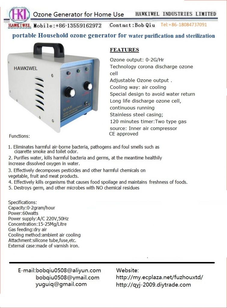 Portable Household Ozone Generator For Water Purification And Sterilization