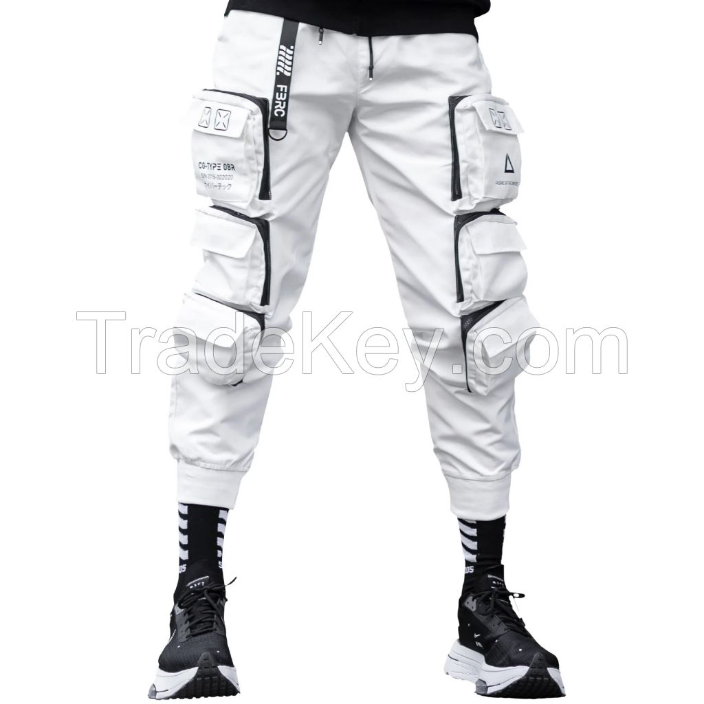 White Men's Cargo Pants Hip Hop ASHWAY Sweatpants With Pockets.