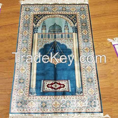 Muslim Silk Prayer Rugs Islamic Mosque Islam Small Handmade Carpet Sale 2.5X4 Blue 240L 400kpsi Double Knotted Persian Arabic Style Chinese Factory Supplier